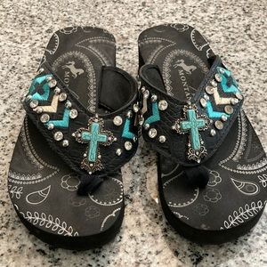 Montana West turquoise and rhinestone cross black flip-flops